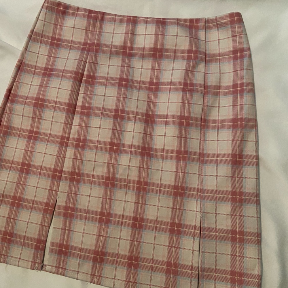 Plaid light blue pink and off white skirt w/ 2 front slits